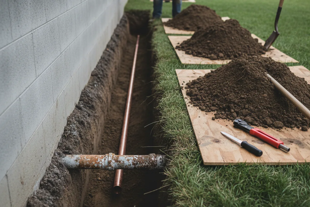 Excavated water line trench during Water Softener Installation in Mound City